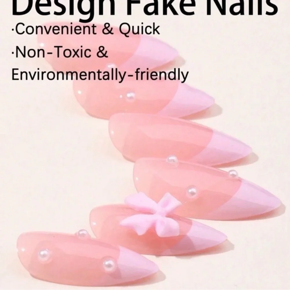 Coquette Pink Nail Art with Bow Design Almond Shape 24 Set Press On Nails